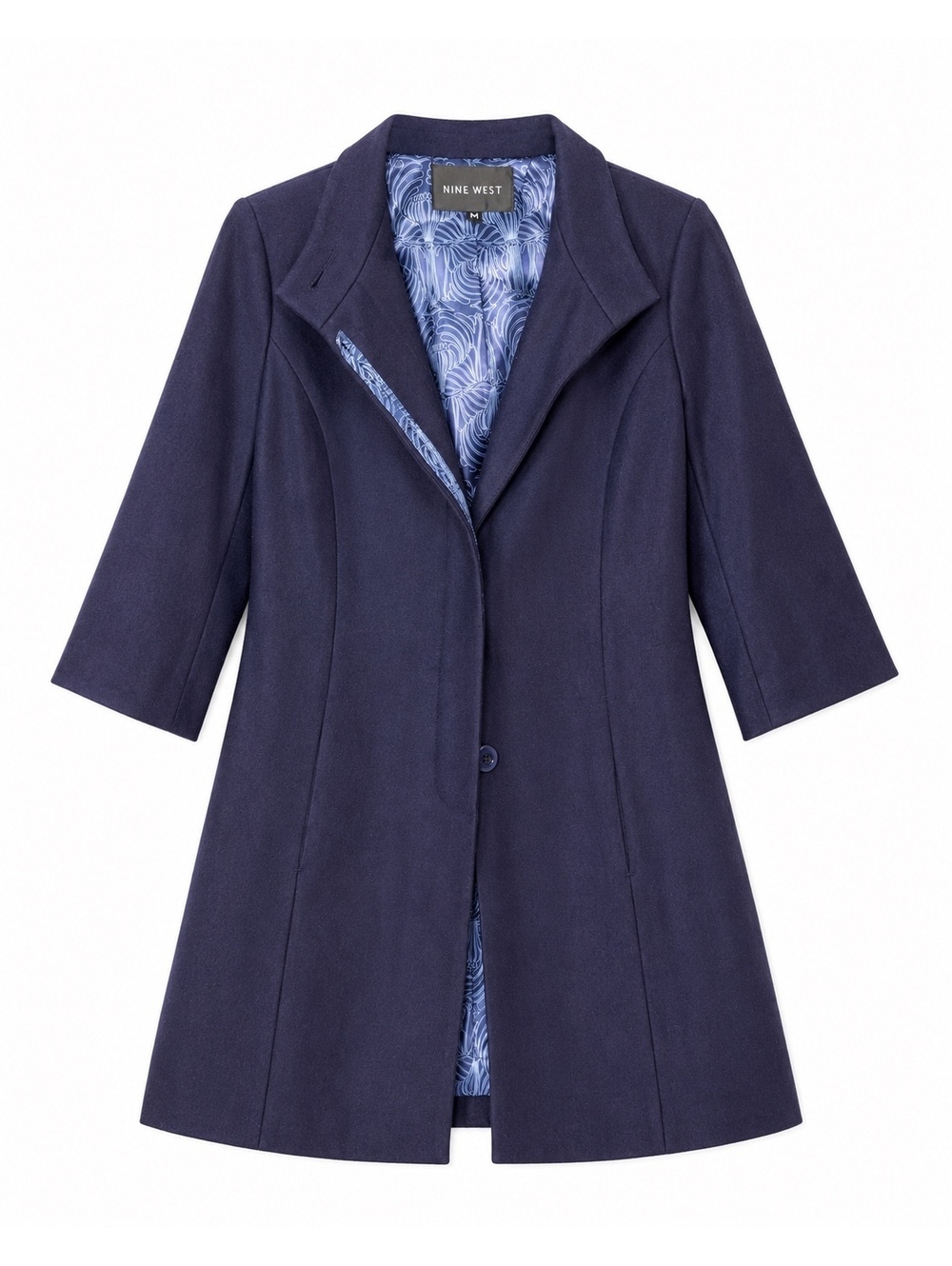 Nine West Navy Longline Tailored Coat 3/4 Sleeve Patterned Lining Size M.